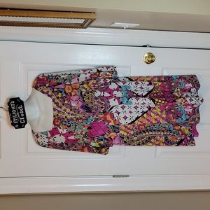 Beige by eci Dress 12 Multi-colored Patchwork Patterned Ruffle 3/4 sleeve